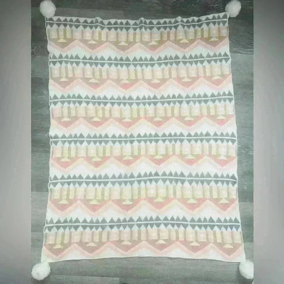 Pottery Barn Blanket Kids Emily Meritt Throw Pink Gold Gray White Pom Pom 30x40” - Picture 3 of 5